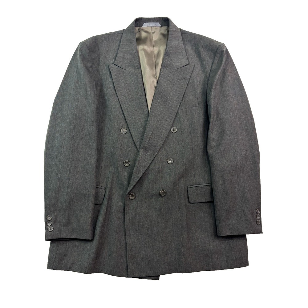 vtg 90s Haggar 44R Gray Stripe Double Breasted Blazer Jacket Sport Suit Coat USA